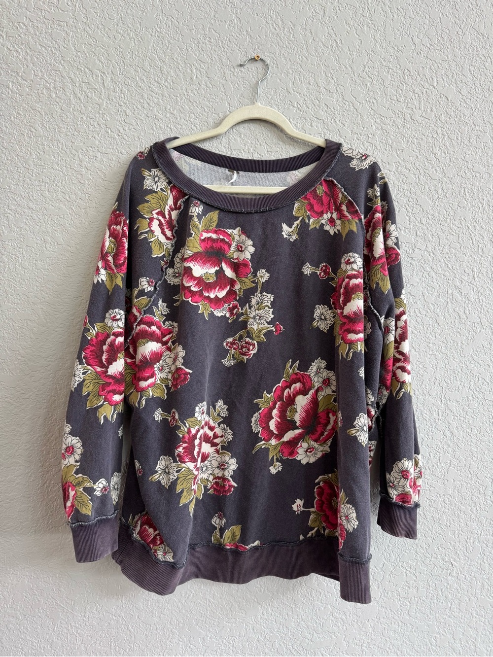 Free People Off-the-Shoulder Floral Sweatshirt in Charcoal with Pink Blossoms